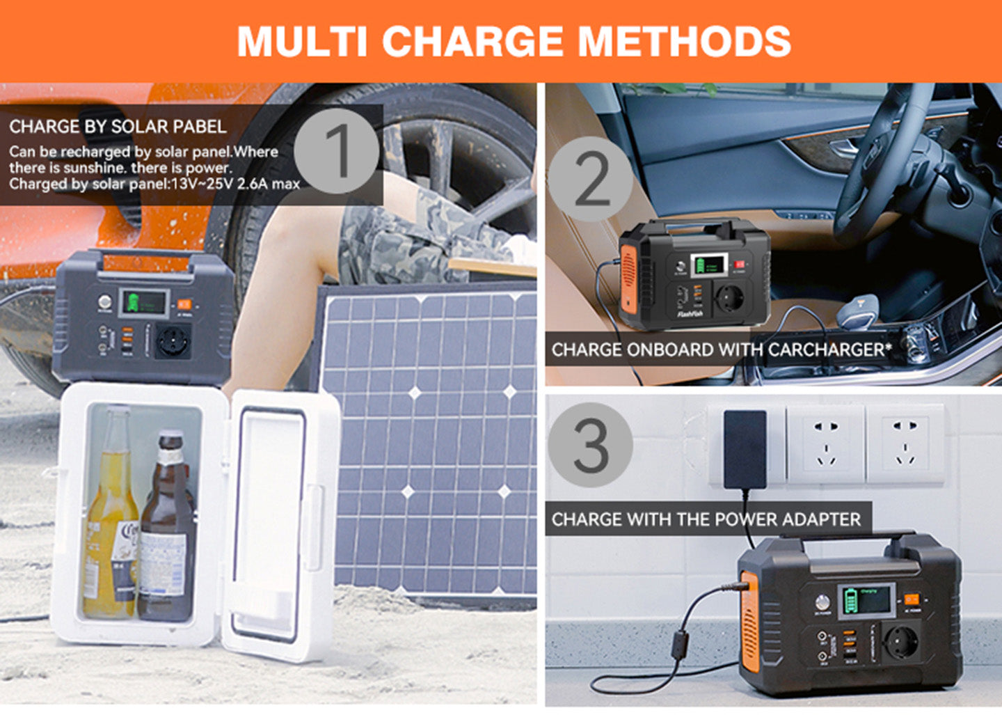 Insturction on Multiple charge method, charge by solar panel, charge by car charger, charge at wall socket , portable power station, Flashfish e200, outdoor power supply, emergency power, battery backup, renewable energy, camping gear, off-grid living, power station review, eco-friendly gadgets, travel essentials, portable charger, adventure gear