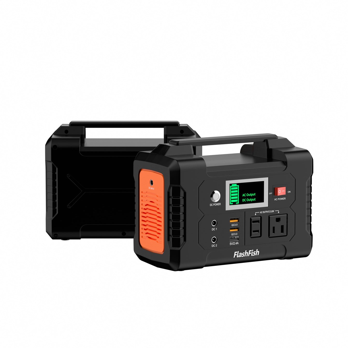 front and back view portable power station, Flashfish e200, outdoor power supply, emergency power, battery backup, 