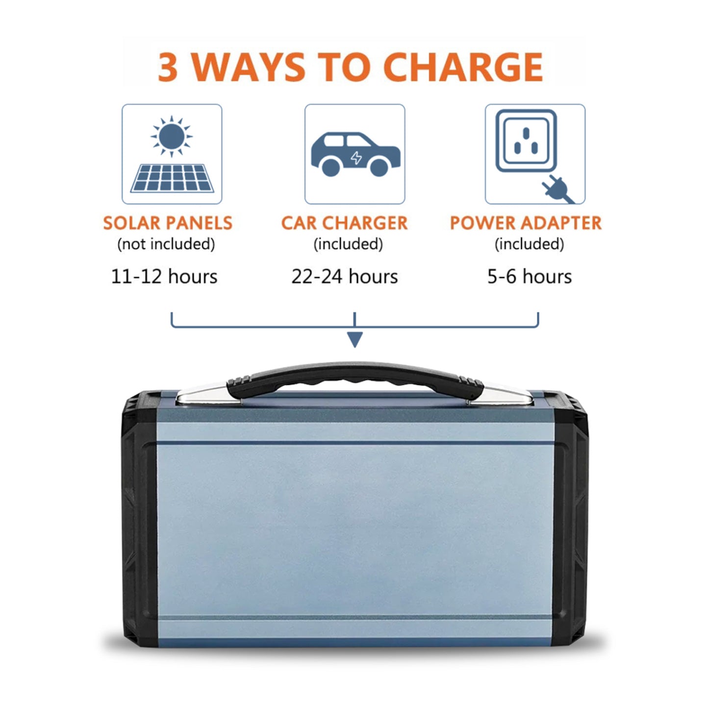 Flashfish-G300 3 ways to cahrge, Solar panel 11-12 hours, Car Charger 22-48 hours, Power Adapter 5-6 hours, front view