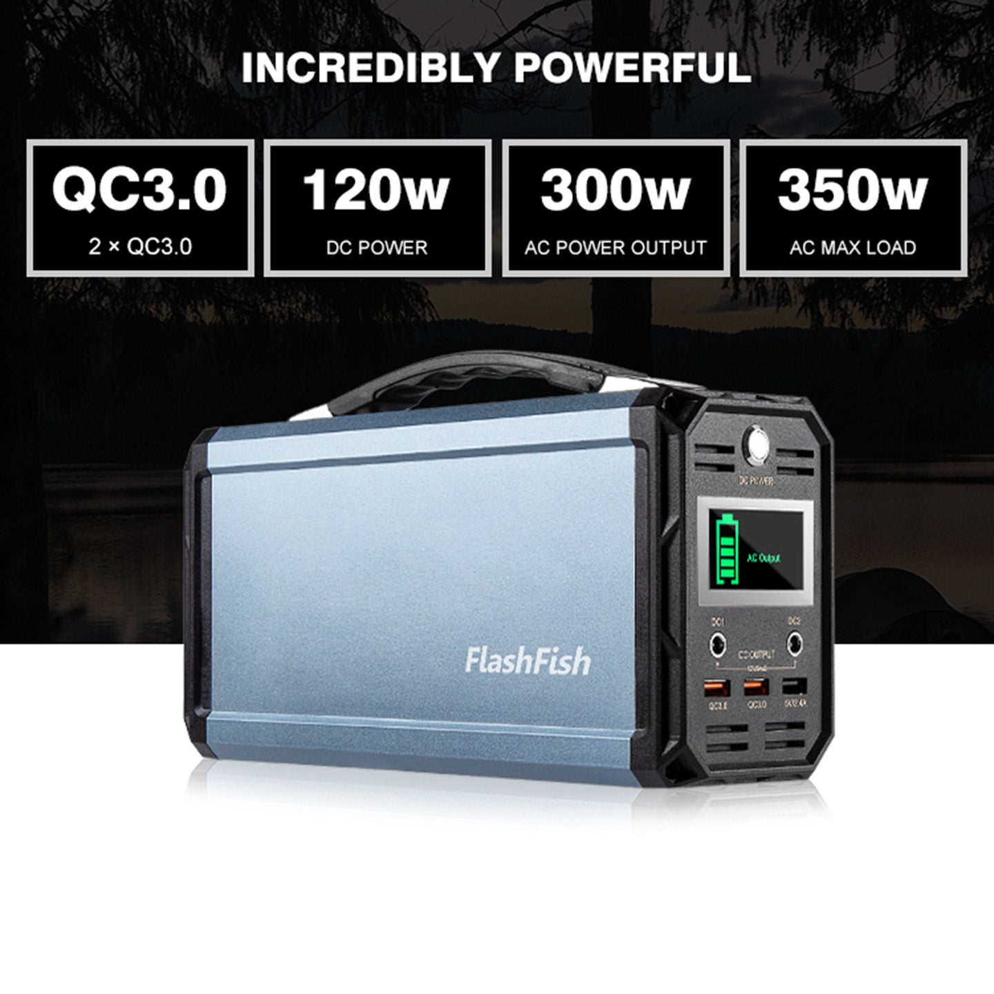 Flashfish incredibly powerfull QC3.0, 120 watts, 300 watts AC power output, 350watts AC MAX  LOAD