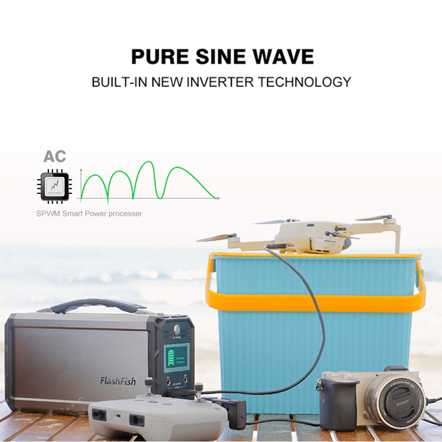 Flashfish G300 Pure SIne wave Built-in new inverter technology Flashfish G300 charging drone at the beach front