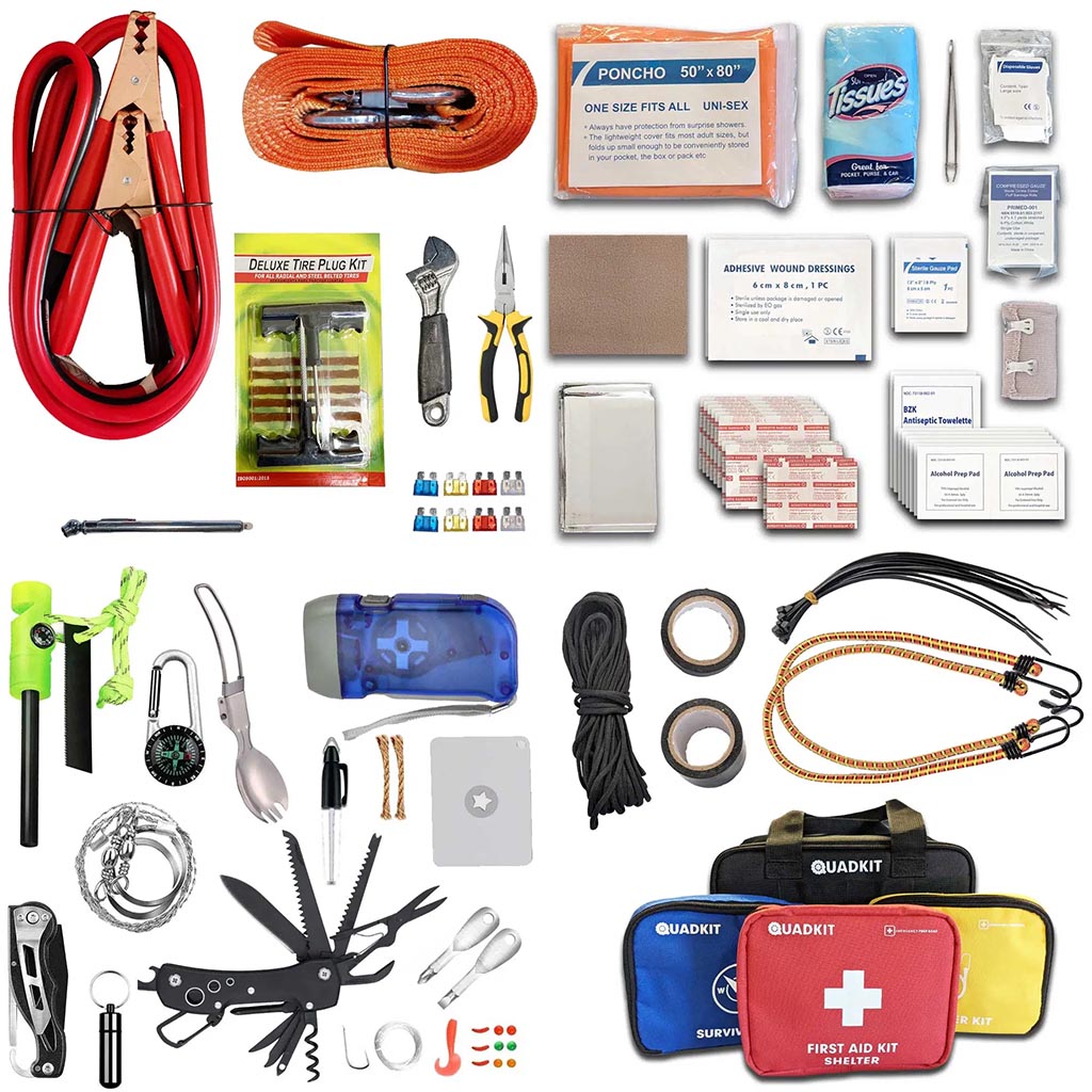 QUADKIT off-road and roadside emergency  kit contents flat lay